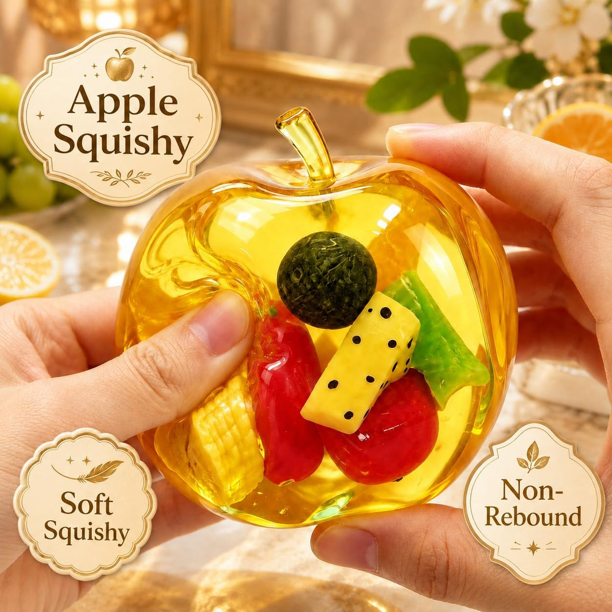 Fruit apple squishy size guide approximately 7.5 cm