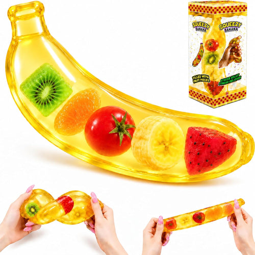 Golden transparent Coconut Oil Fruit Banana Squishy with colourful fruit pieces