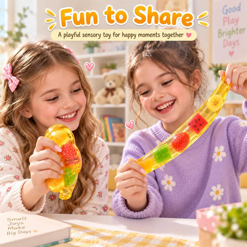 Coconut Oil Fruit Banana Squishy showing texture, play ideas, packaging and size 2