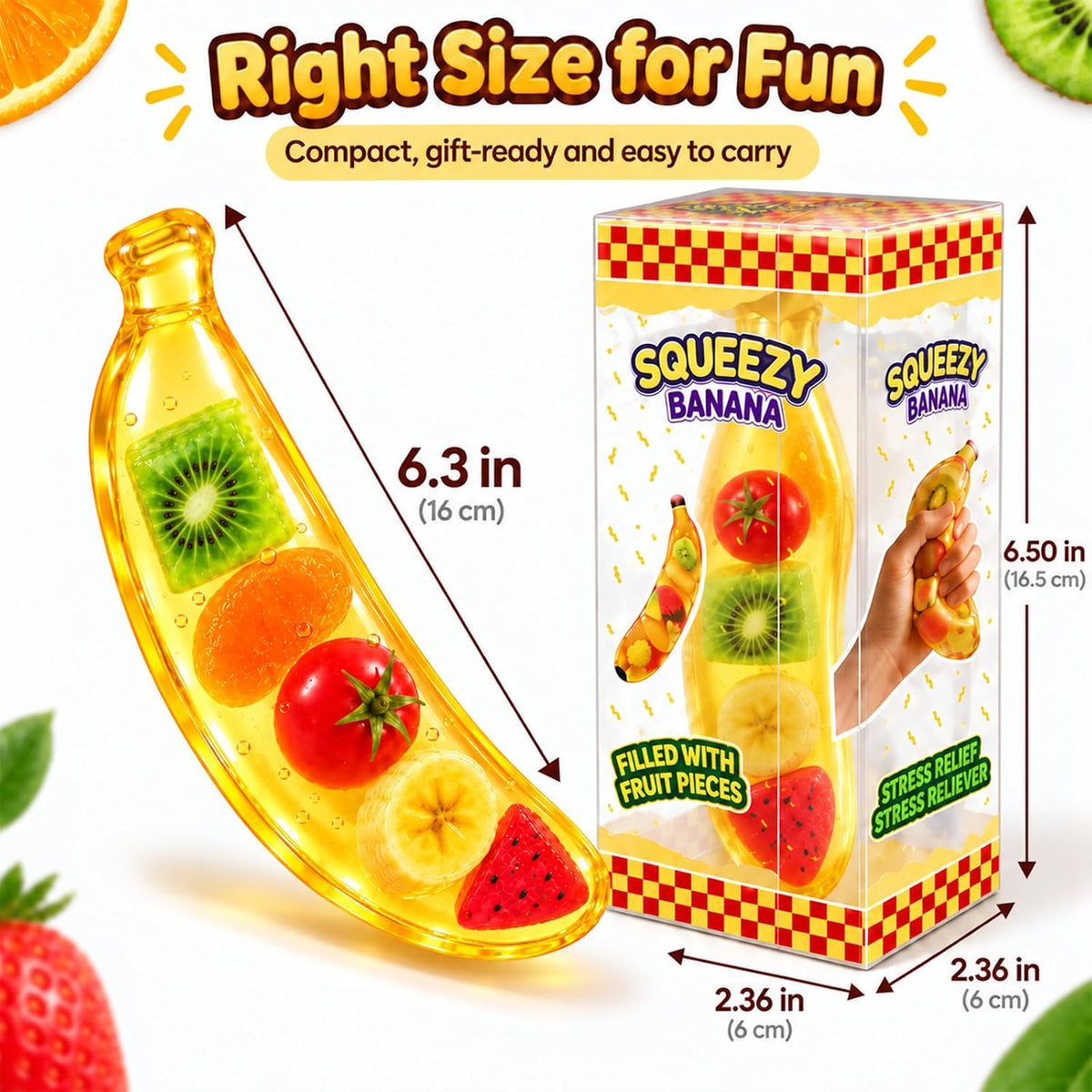 Coconut Oil Fruit Banana Squishy showing texture, play ideas, packaging and size 3