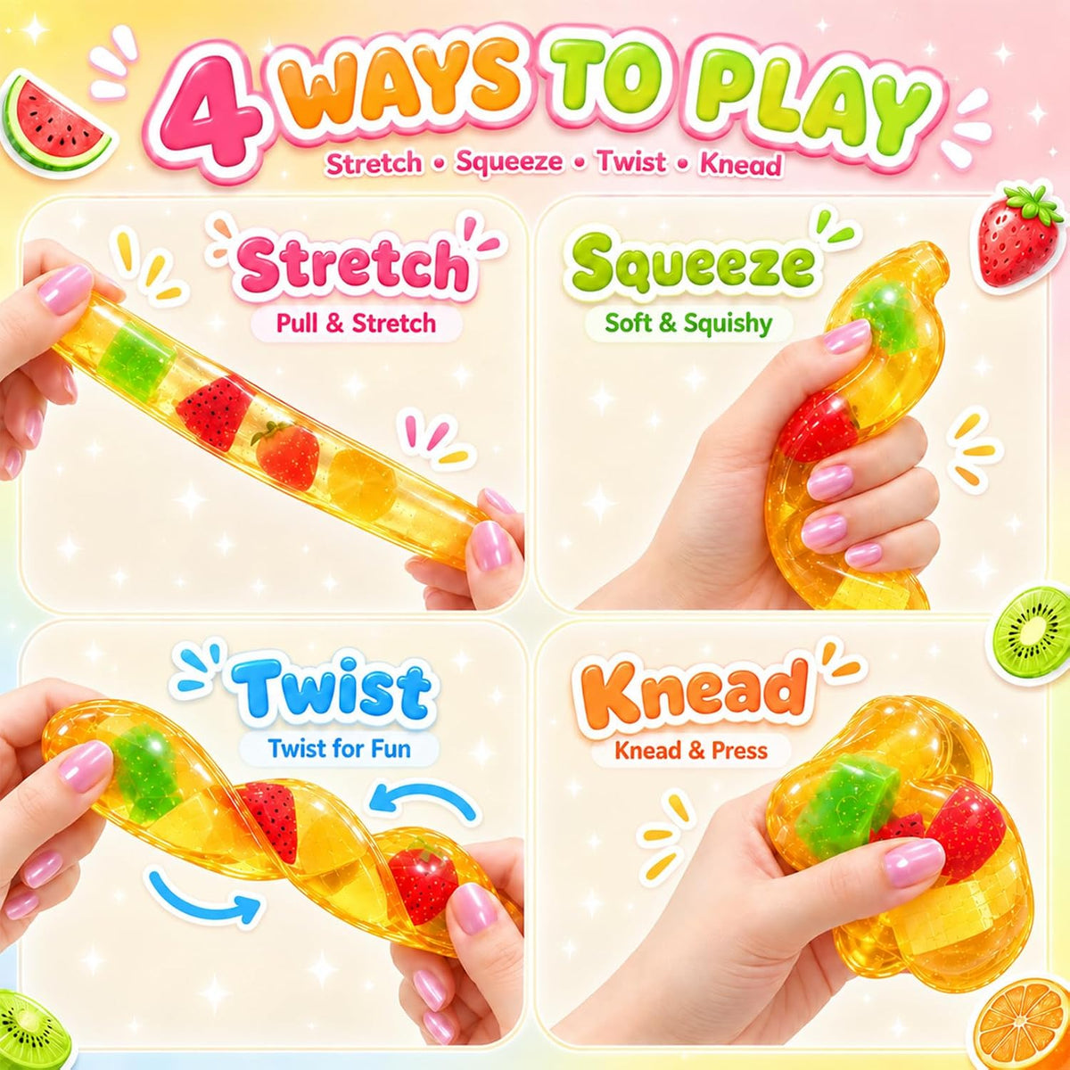Coconut Oil Fruit Banana Squishy showing texture, play ideas, packaging and size 4
