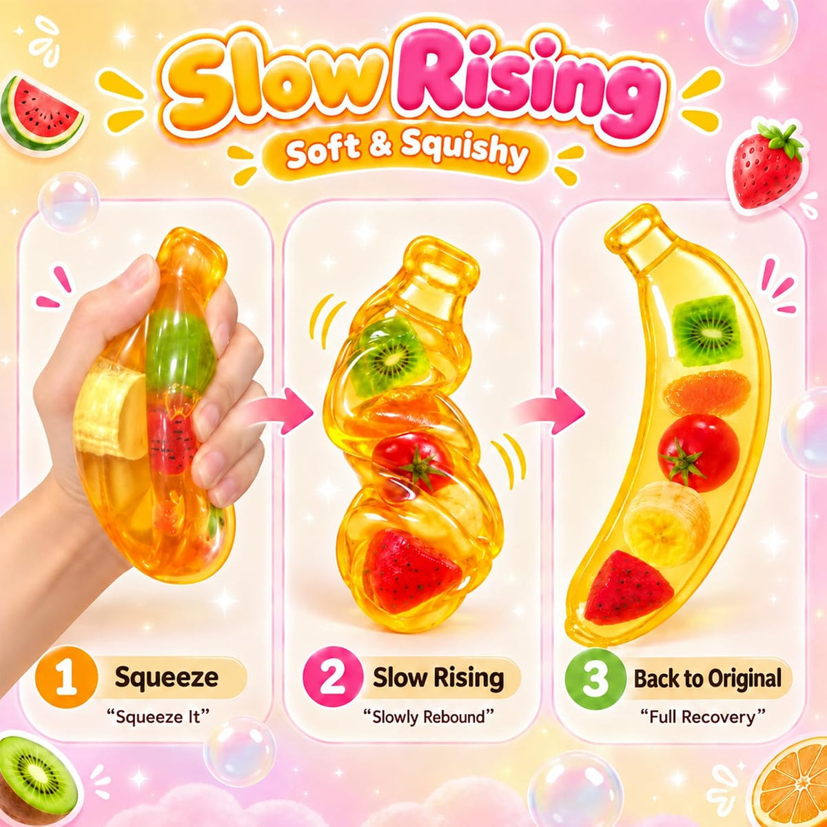 Coconut Oil Fruit Banana Squishy showing texture, play ideas, packaging and size 5