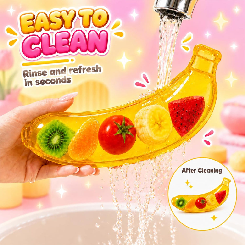 Coconut Oil Fruit Banana Squishy showing texture, play ideas, packaging and size 6