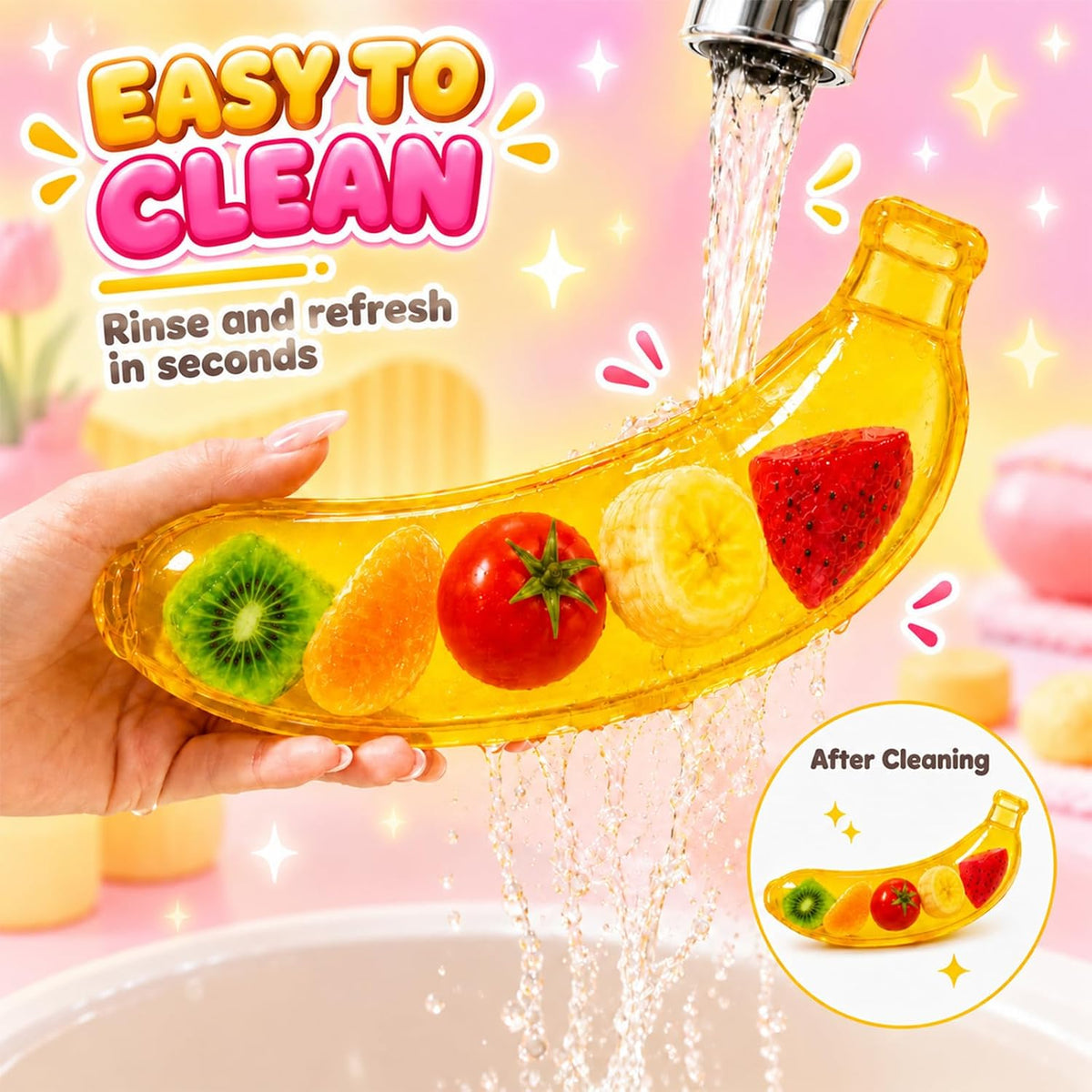 Coconut Oil Fruit Banana Squishy showing texture, play ideas, packaging and size 6