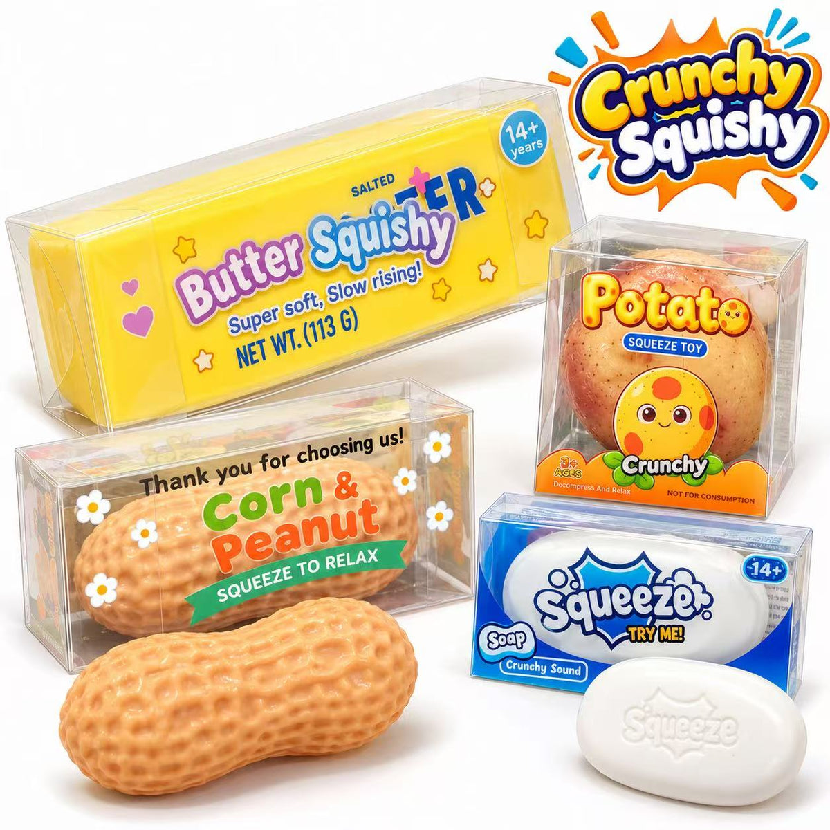 Four piece crunchy squishy gift set featuring butter peanut potato and soap toys
