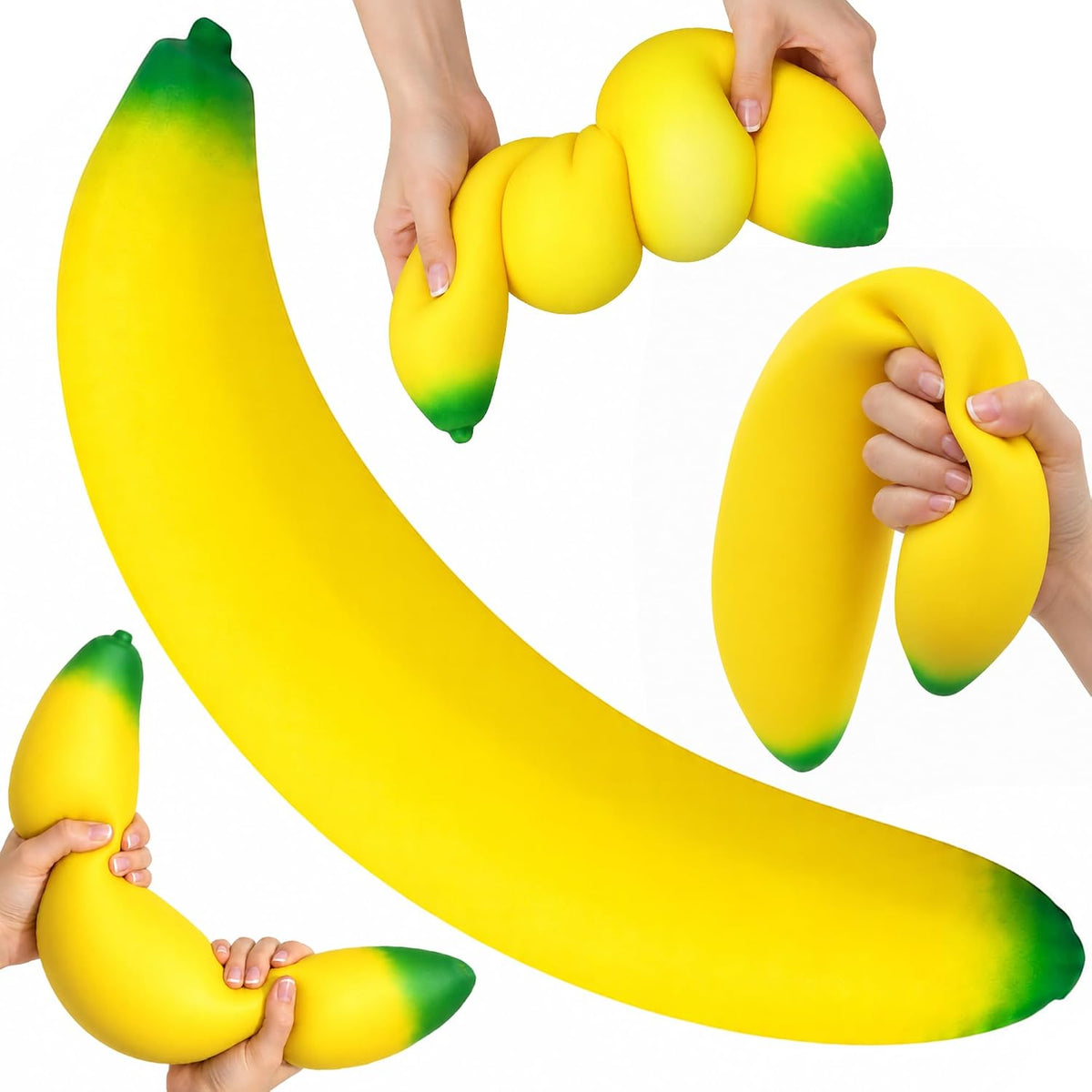 Jumbo Banana Squishy oversized soft yellow banana with green tips and stretching demonstration