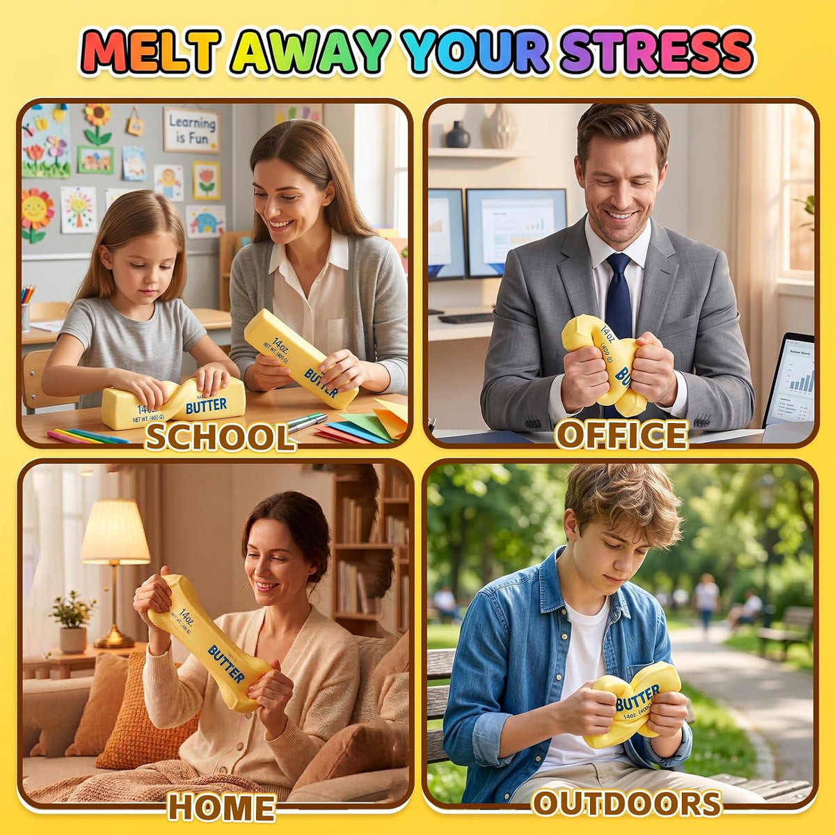 Jumbo butter squishy in school office home and outdoor settings
