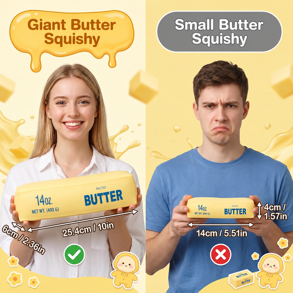 Giant Butter Squishy 25.4cm compared with Small Butter Squishy 14cm