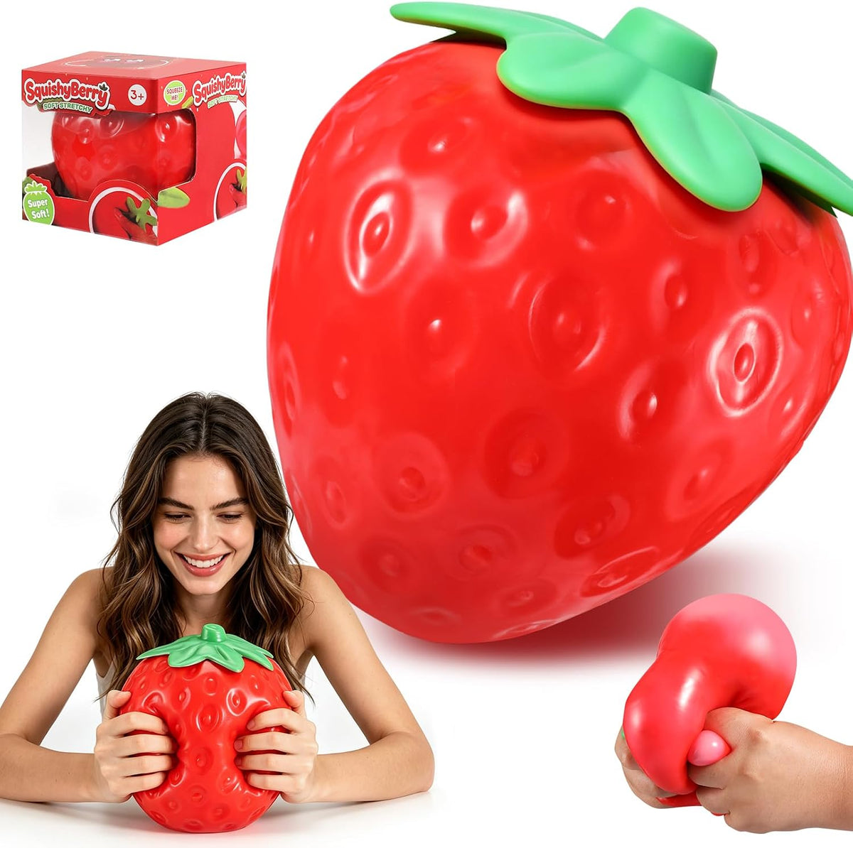 Jumbo Strawberry Squishy with green leaves, red berry texture and retail box