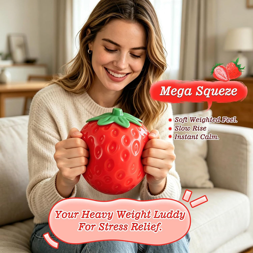 Jumbo strawberry being held and squeezed for a relaxing sensory break
