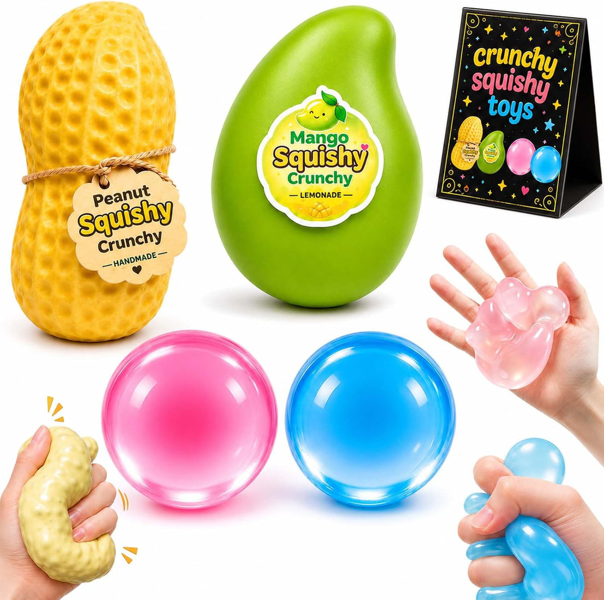 4 Pack Crunchy Squishy Toys Peanut Mango Pink Blue Coconut Oil Balls complete set