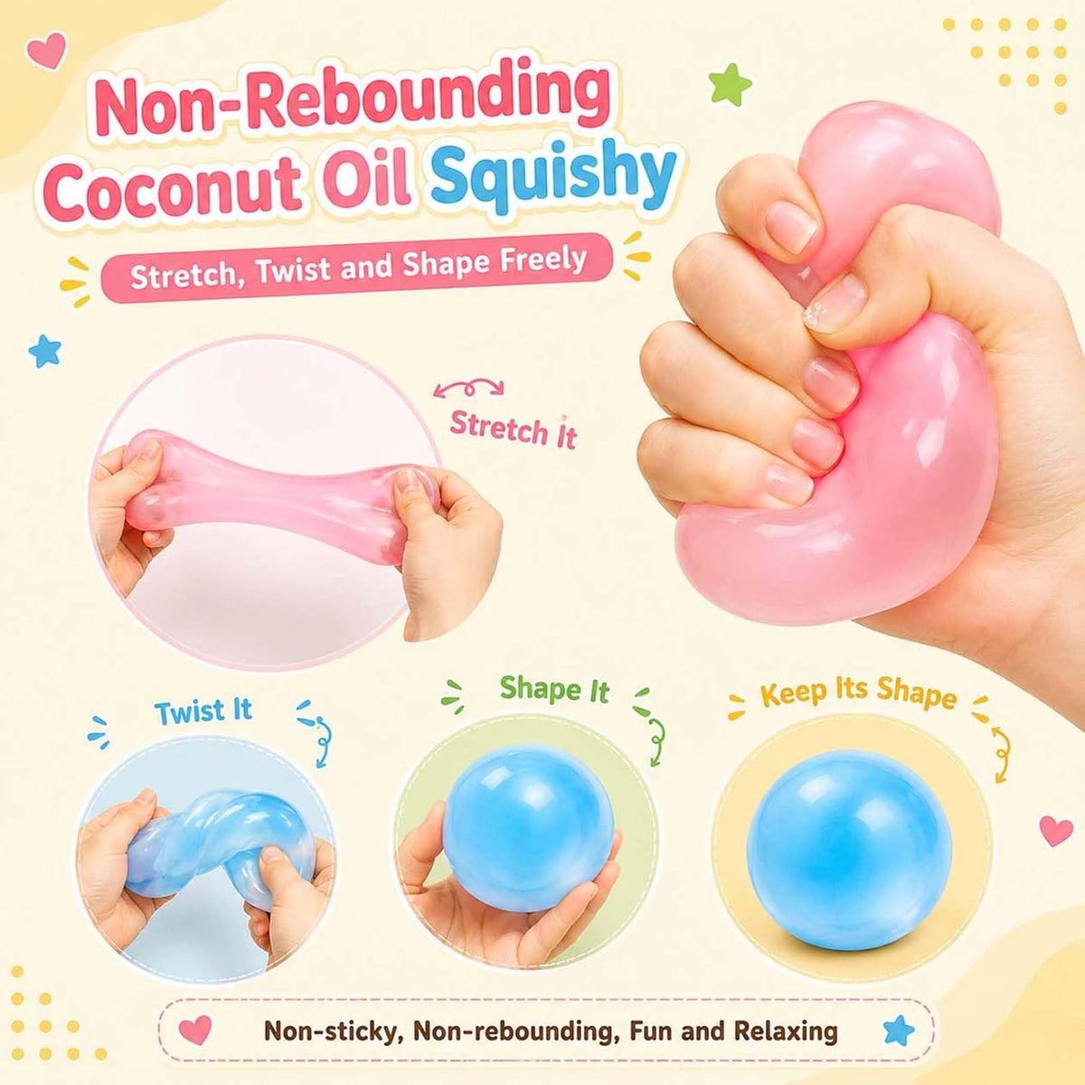 Handheld size comparison for peanut mango coconut oil squishies